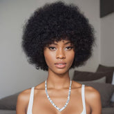 10'' Soft Afro Kinky Curly Short Black Human Hair Pixie Cut Fringe Wig